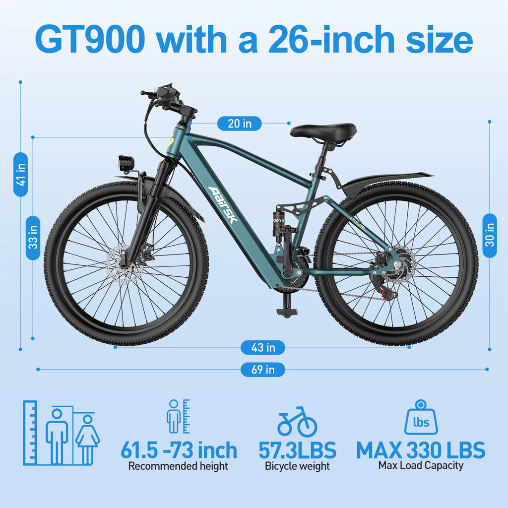 Vélo électrique Aairsk GT900, double suspension, gears à 21 vitesses