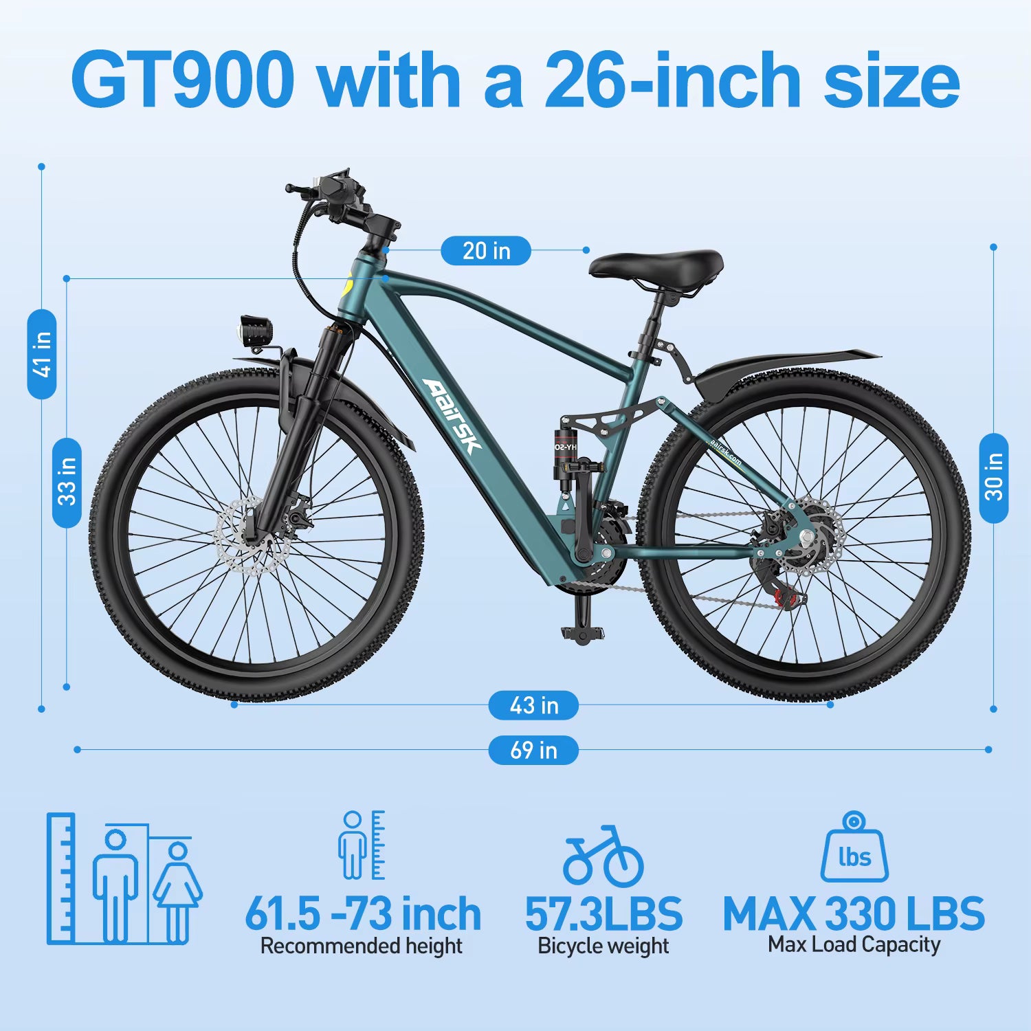 Vélo électrique Aairsk GT900, double suspension, gears à 21 vitesses