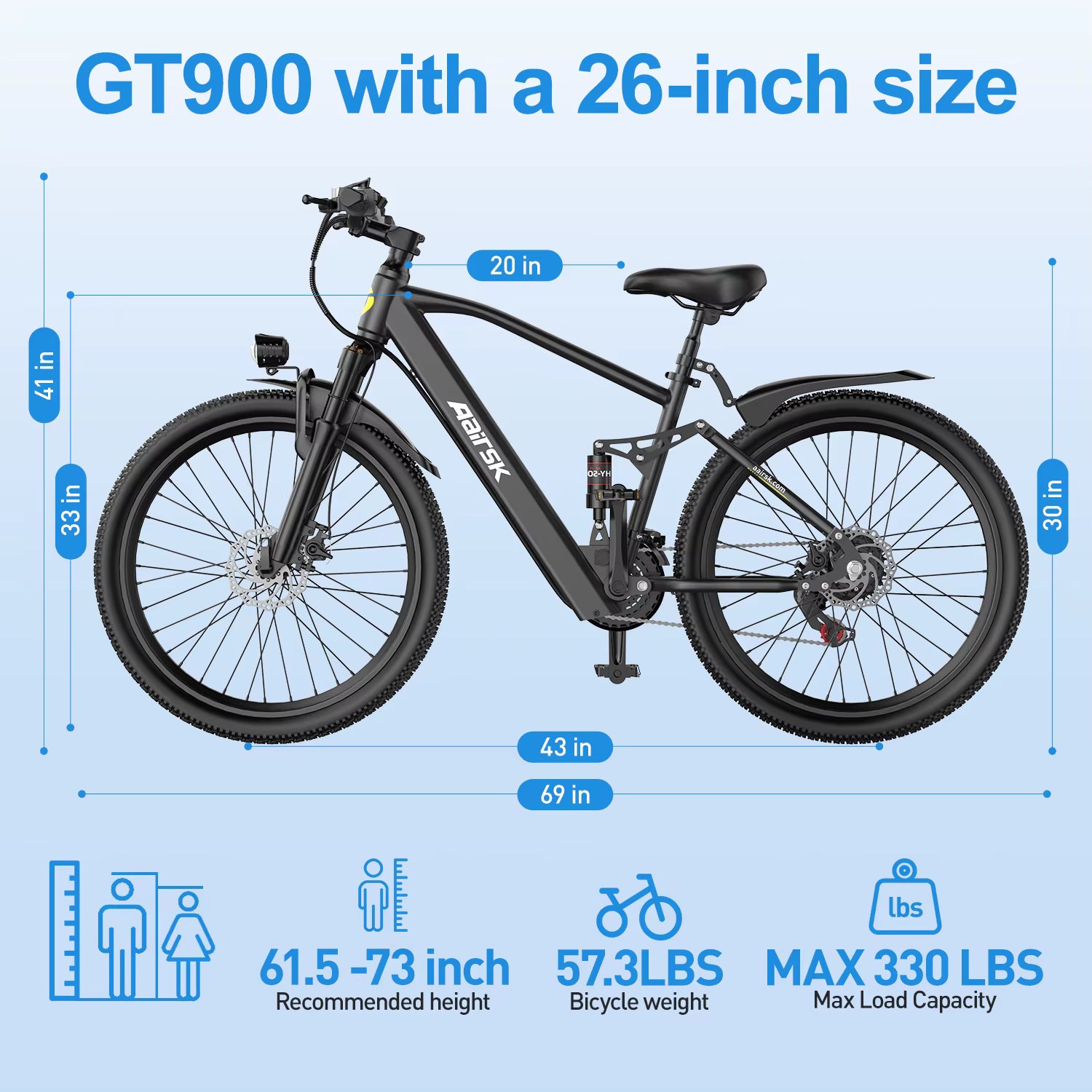 Vélo électrique Aairsk GT900, double suspension, gears à 21 vitesses